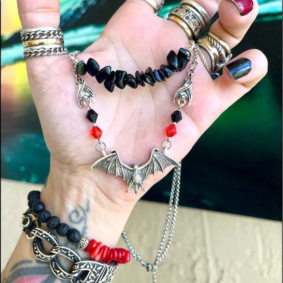 Silver Bat choker necklace . Double layer onyx chips & bats Handmade goth boho - Picture 5 of 16